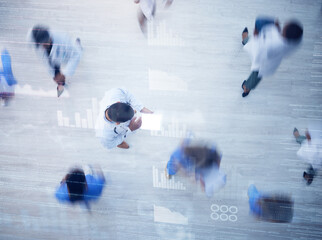 Planning, blur or overlay top view of doctors, nurse or medical healthcare schedule in clinic lobby. Busy, medicine or employee on tech in hospital with people walking, fast movement or motion above