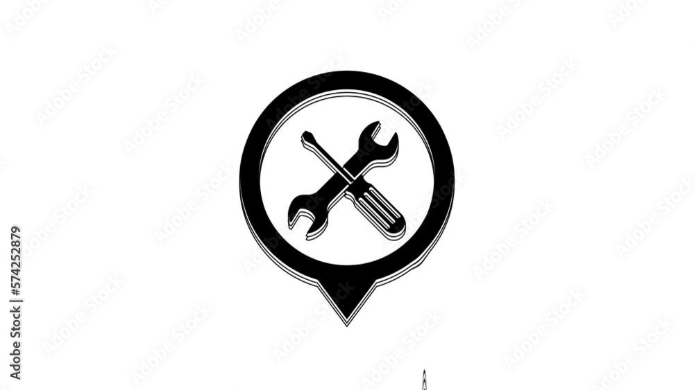 Poster black location with crossed screwdriver and wrench tools icon isolated on white background. pointer 