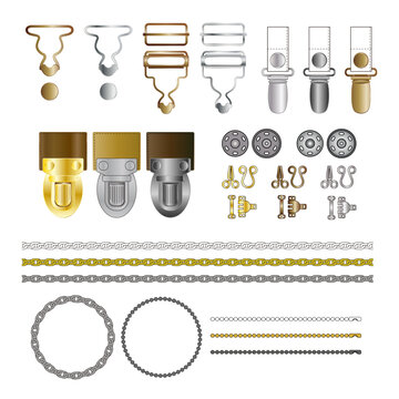 A collection of metal accessories for decorating and tailoring clothes, shoes, bags.
Metal buckle flat sketch vector illustration set. Metal materials, trims, chain, buckles, snaps, hooks and eyes.