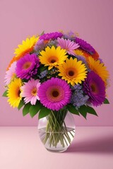 Beautiful bouquet of flowers on bright background, сhrysanthemums and roses in a vase, Generative AI Art Illustration 07