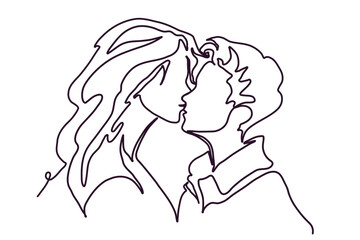 Lgbtq silhouette. Contour drawing of lgbt couple, couple kissing women. Girls together. Hand drawn one continuous line. LGBT pride
