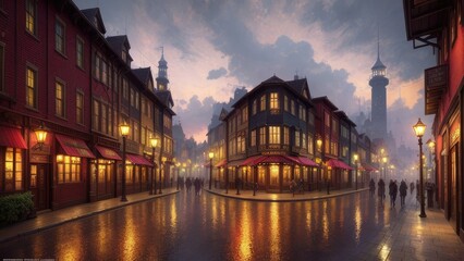 Fototapeta premium An illustration of an evening European city, with wet streets and canals. With colorful patterns.