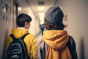 Obraz premium Schoolchildren with backpack in school corridor. AI generated. Back view.