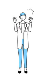 驚いて手を上げる聴診器をかけた白衣の女性医師、シニア・中高年のベテラン医師