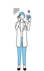 預金通帳を見て落ち込む聴診器をかけた白衣の女性医師、シニア・中高年のベテラン医師