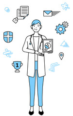 DXのイメージ、デジタル技術を利用して業務改善を行う聴診器をかけた白衣の女性医師、シニア・中高年のベテラン医師