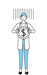 為替差損やドル安のイメージ、聴診器をかけた白衣の女性医師、シニア・中高年のベテラン医師