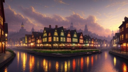 An illustration of an evening European city, with wet streets and canals. With colorful patterns.