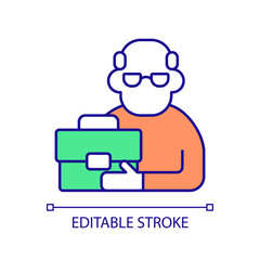 Senior man with briefcase RGB color icon. Experienced employee recruitment. Inclusive hiring of older workers. Isolated vector illustration. Simple filled line drawing. Editable stroke