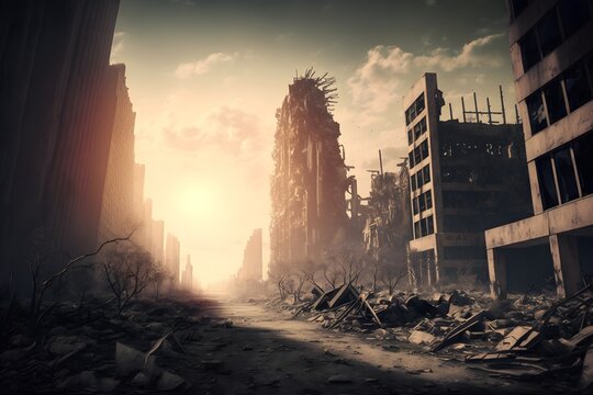 sunset over the ruined city