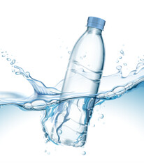 Transparent realistic vector mineral water plastic bottle in water with water splash and drops on light background 