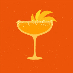 Cocktail margarita glass. Orange alcohol drink with citrus zest and rum. Drink for bar and event. Flat vector illustration with texture. Simple retro alcohol drink poster