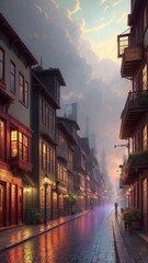 Naklejka premium An illustration of an evening European city, with wet streets and canals. With colorful patterns.