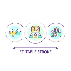 Gaming connecting users loop concept icon. Online community of gamers. Gamification strategy abstract idea thin line illustration. Isolated outline drawing. Editable stroke. Arial font used