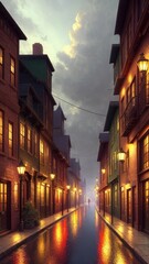 Fototapeta premium An illustration of an evening European city, with wet streets and canals. With colorful patterns.