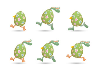 Easter eggs running with combination of beaks and legs of chicks, ears and legs of bunnies painted with stars set