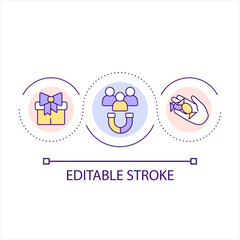 Use bonuses to engage customer loop concept icon. Marketing strategy. Encourage clients to buy abstract idea thin line illustration. Isolated outline drawing. Editable stroke. Arial font used