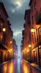 Fototapeta premium An illustration of an evening European city, with wet streets and canals. With colorful patterns.