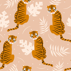 hand drawn seamless vector pattern illustration with tigers, monstera leaves on beige background