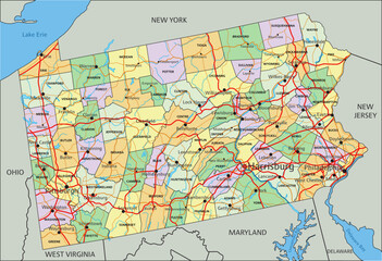 Fototapeta na wymiar Pennsylvania - Highly detailed editable political map with labeling.