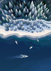 Sea, forest and boats in a winter nature landscape from top. Vector illustration