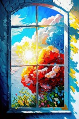 Spring sun shining through window, flowers, clouds. Modern abstract oil painting. Beautiful and colorful, palette knife painting Generative AI