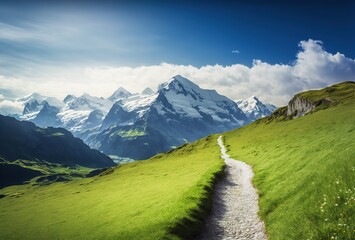 Alps mountain peaks with green grass and path leading to the top. Beautiful landscape, scenic panoramic view Generative AI
