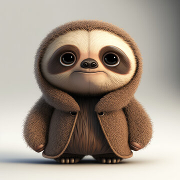 Cute baby sloth in hood 3d character isolated on white. Cartoon pet with big eyes, 3d render generative ai illustration. Cartoon little lazy sloth illustration.
