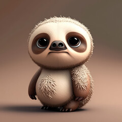 Cute baby sloth 3d character. Cartoon pretty pet with big eyes, 3d render generative ai illustration. Cartoon little lazy sloth illustration.