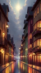 Fototapeta premium An illustration of an evening European city, with wet streets and canals. With colorful patterns.