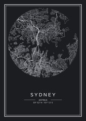 Black and white printable Sydney city map, poster design, vector illistration.