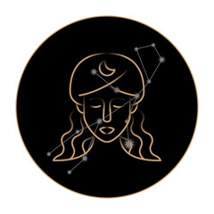 VIRGO zodiac horoscope astrology label with element, planet icon glyph. Thin line sign symbol art design vector illustration