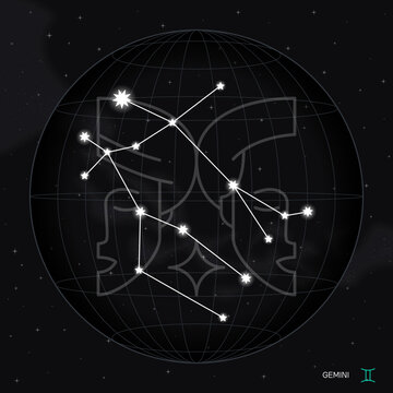 GEMINI zodiac horoscope astrology label with element, planet icon glyph. Thin line sign symbol art design vector illustration