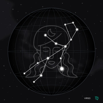 VIRGO zodiac horoscope astrology label with element, planet icon glyph. Thin line sign symbol art design vector illustration