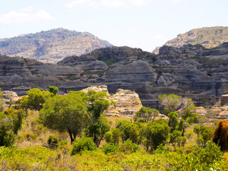 Obraz premium Weathered colorful rocks overgrown with vegetation in N.P Isalo. Madagascar.