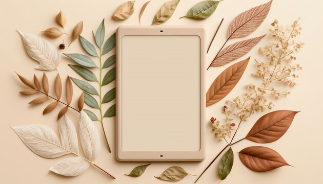 smart tablet and leaf soft beige background, generative ai