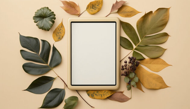 smart tablet and leafs soft beige background, generative ai