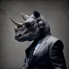Obraz premium portrait of a person with a rhinoceros head in a business suit in a dark atmosphere