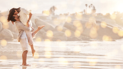 Love, man pick up woman and beach vacation for happiness, relationship and cheerful. Romance,...