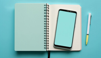 smartphone and note paper book pastel blue background, generative ai
