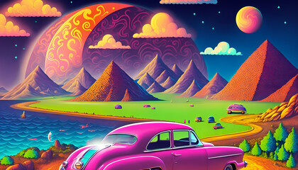 Colorful Vibrant Pop Art Landscape with Vintage car, colorful landscape, abstract pop art, rainbow landscape. Generative AI