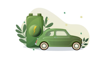 Green energy illustration. Electric car near charging station. Renewable energy concept. Vector illustration.