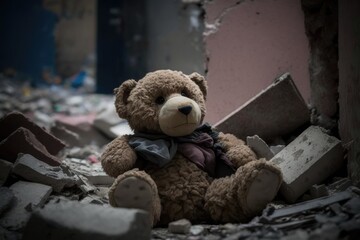 Kid's teddy bear lost among ruins of the house. Generative AI.