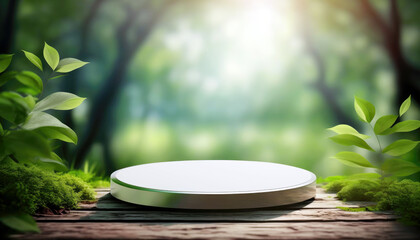 3D display podium background. Natural green grass and leaves. Nature product background pedestal, beauty, cosmetic product presentation. Spring, summer landscape template. Generative ai