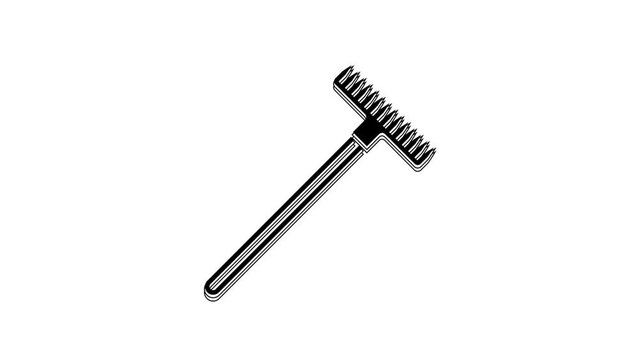 Black Garden rake icon isolated on white background. Tool for horticulture, agriculture, farming. Ground cultivator. Housekeeping equipment. 4K Video motion graphic animation