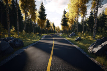 Asphalt road in the forest. AI generative.
