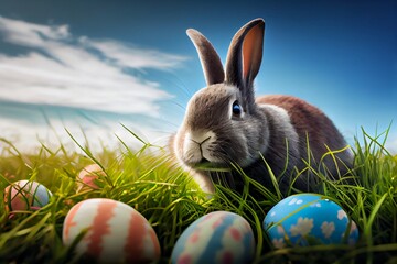 rabbit and easter eggs on green grass with blue sky