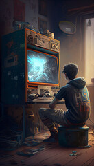 A young gamer is playing computer games in his room.