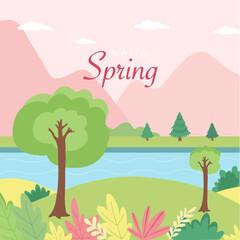Postcard with a spring landscape. Spring. Spring flowers. Vector graphics