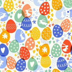 Cute hand drawn Easter seamless pattern with bunnies, flowers, easter eggs, beautiful background, great for Easter Cards, banner, textiles, wallpapers - vector design